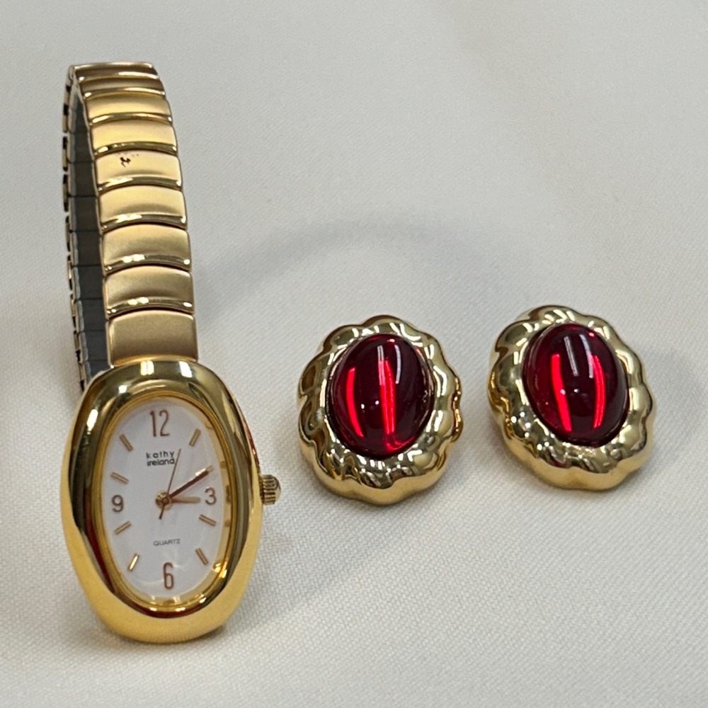 Vintage Kathy Ireland Watch Earrings Set Gold Tone Red Cabochon Expansion JW5